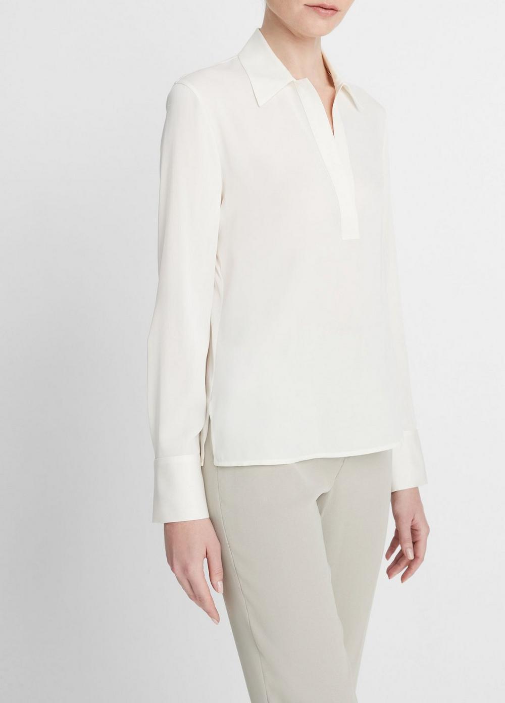 Stretch-Silk Long-Sleeve Polo Blouse Product Image