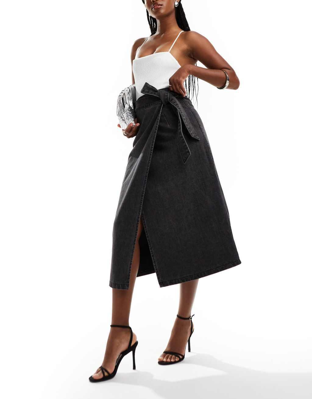 Style Cheat denim wrap midi skirt in washed black  product image