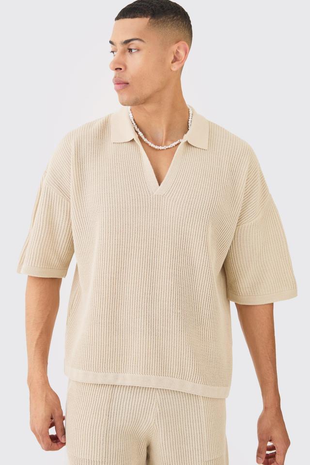 Oversized Boxy Ribbed V Neck Polo | boohooMAN USA Product Image