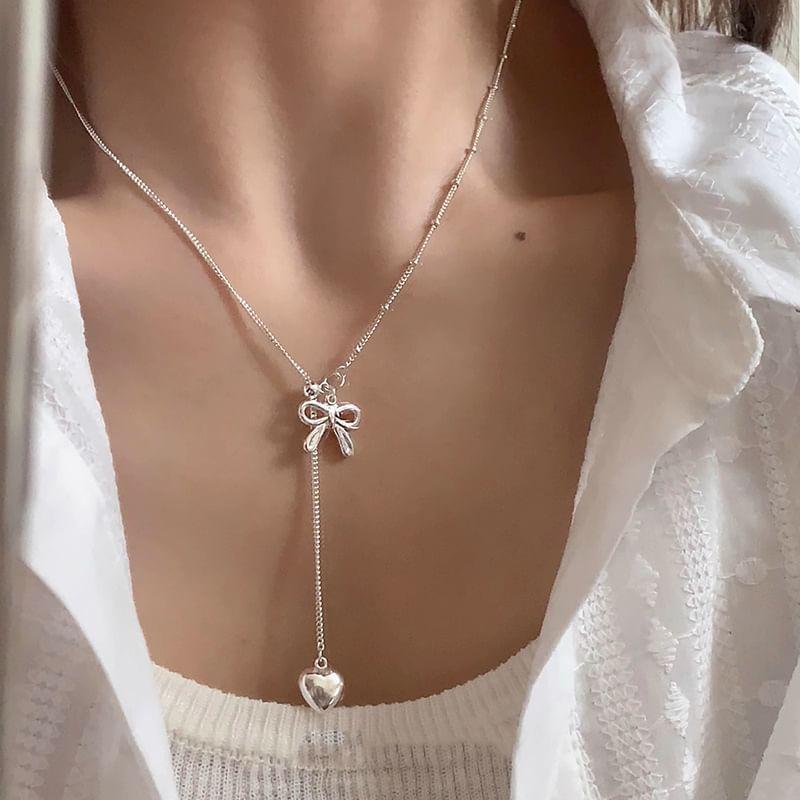 Bow Heart Pendant Alloy Lariat Necklace Product Image