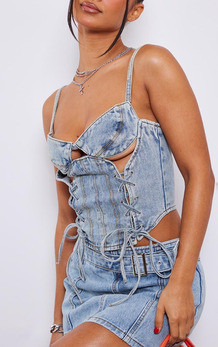 Petite Light Blue Wash Denim Lace Up Corset Product Image