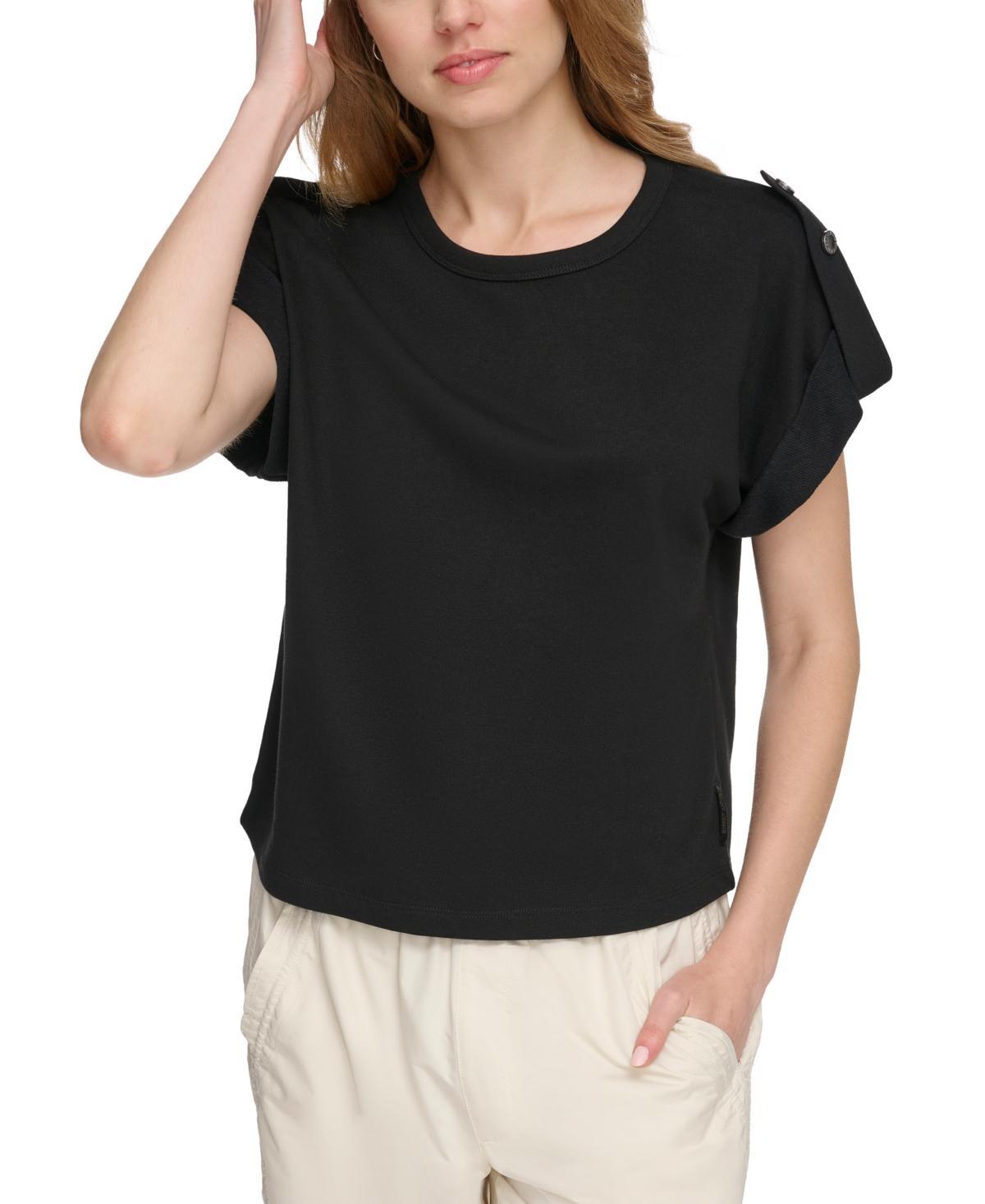 DKNY Solid Crew Neck Short Roll-Tab Sleeve Boxy Top Product Image