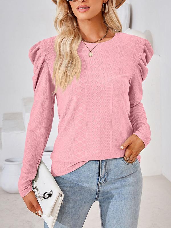 Long Sleeves Loose Pleated Solid Color Round-Neck T-Shirts Tops Product Image