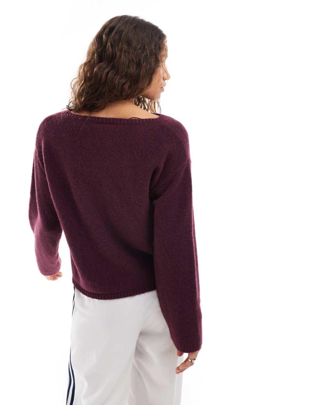 Monki knit top with off the shoulder boat neck in dark plum Product Image