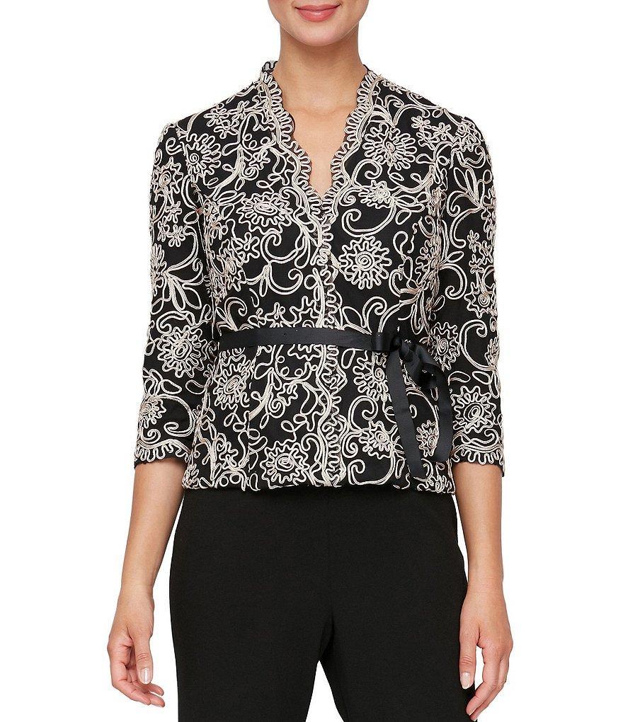 Alex Evenings V-Neck 3/4 Sleeve Scalloped Floral Lace Lined Embroidered Top Product Image