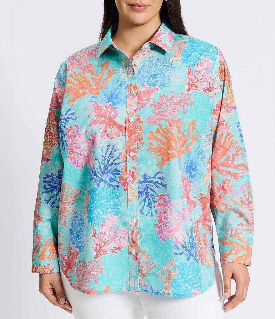 Foxcroft Plus Size Meghan Coral Print Point Collar Long Sleeve Button Front Shirt Product Image