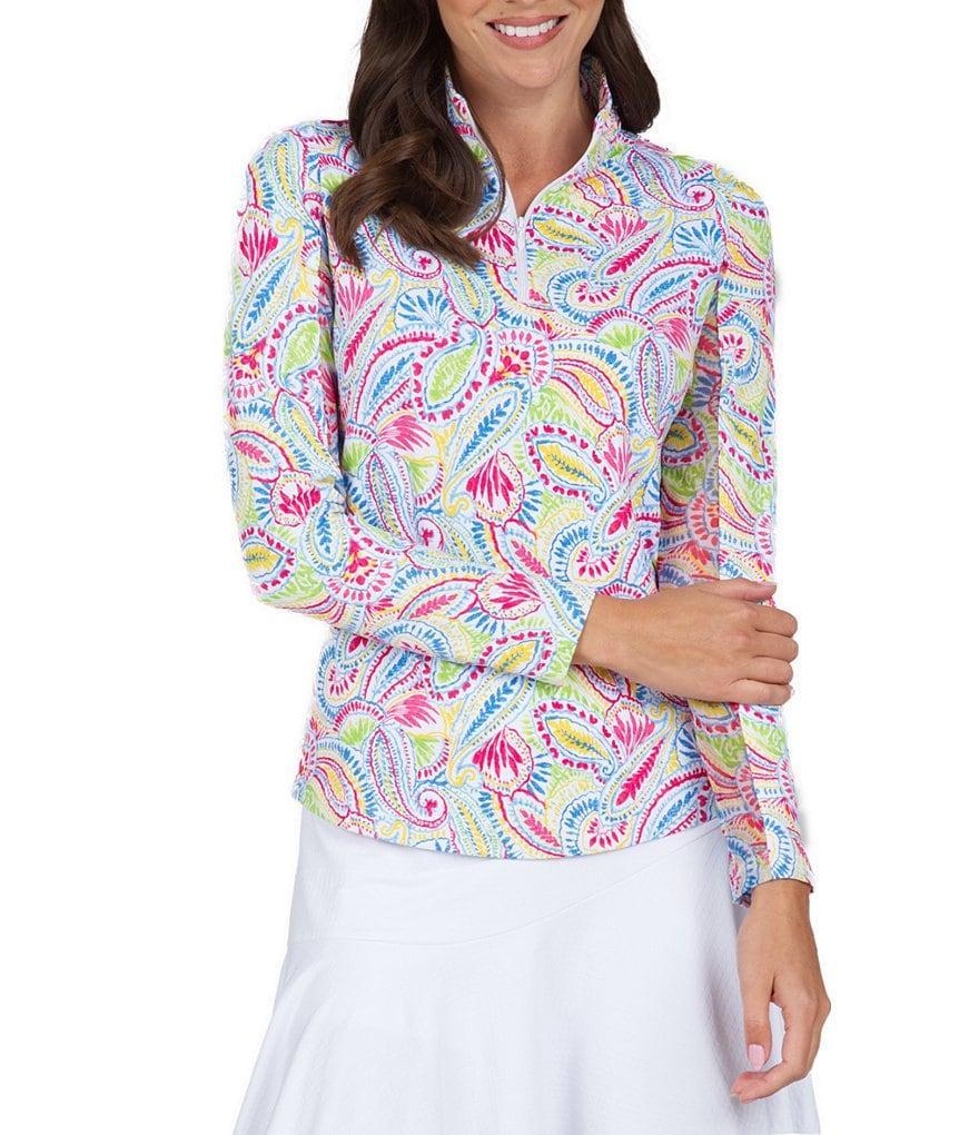 IBKUL Massie Printed Long Sleeve Zip Mock Neck Top Product Image