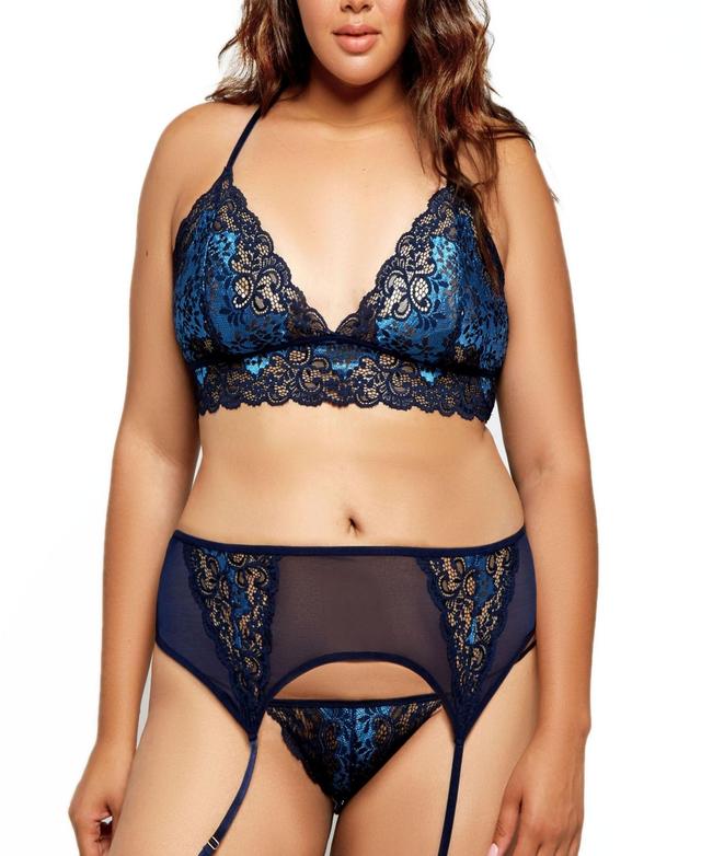 iCollection Womens Plus Size Natalia 3 Piece Gallon Lace Bra, Garter and Strappy Panty Set with Caged Back Appearance - Blue Product Image