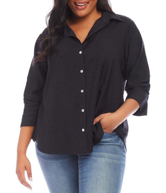 Karen Kane Plus Size Button Down Collar 3/4 Ruched Sleeve Top Product Image