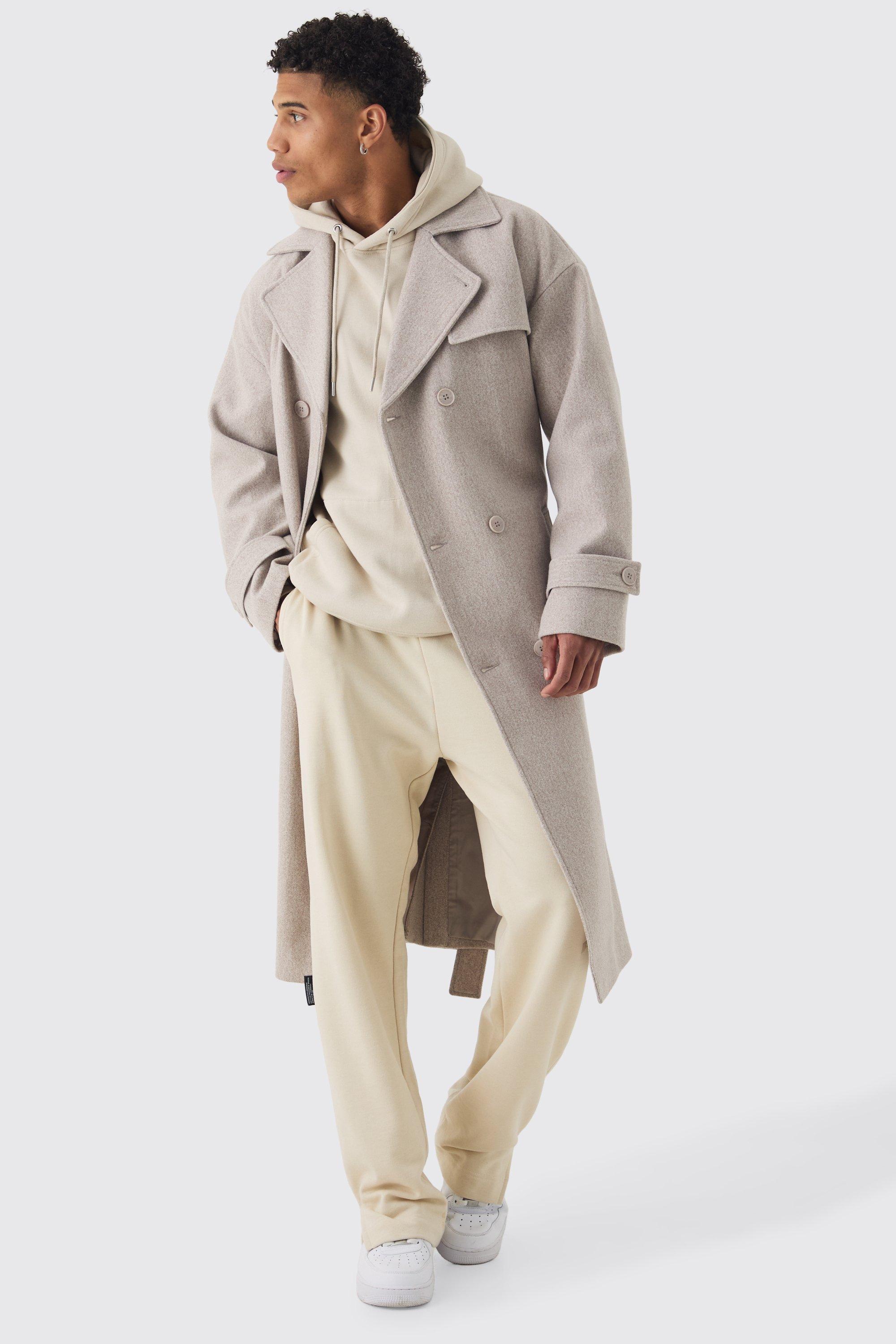 Oversized Double Breasted Trench Overcoat In Stone | boohooMAN USA Product Image