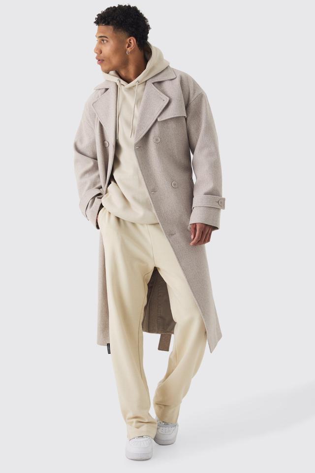 Oversized Double Breasted Trench Overcoat In Stone | boohooMAN USA Product Image