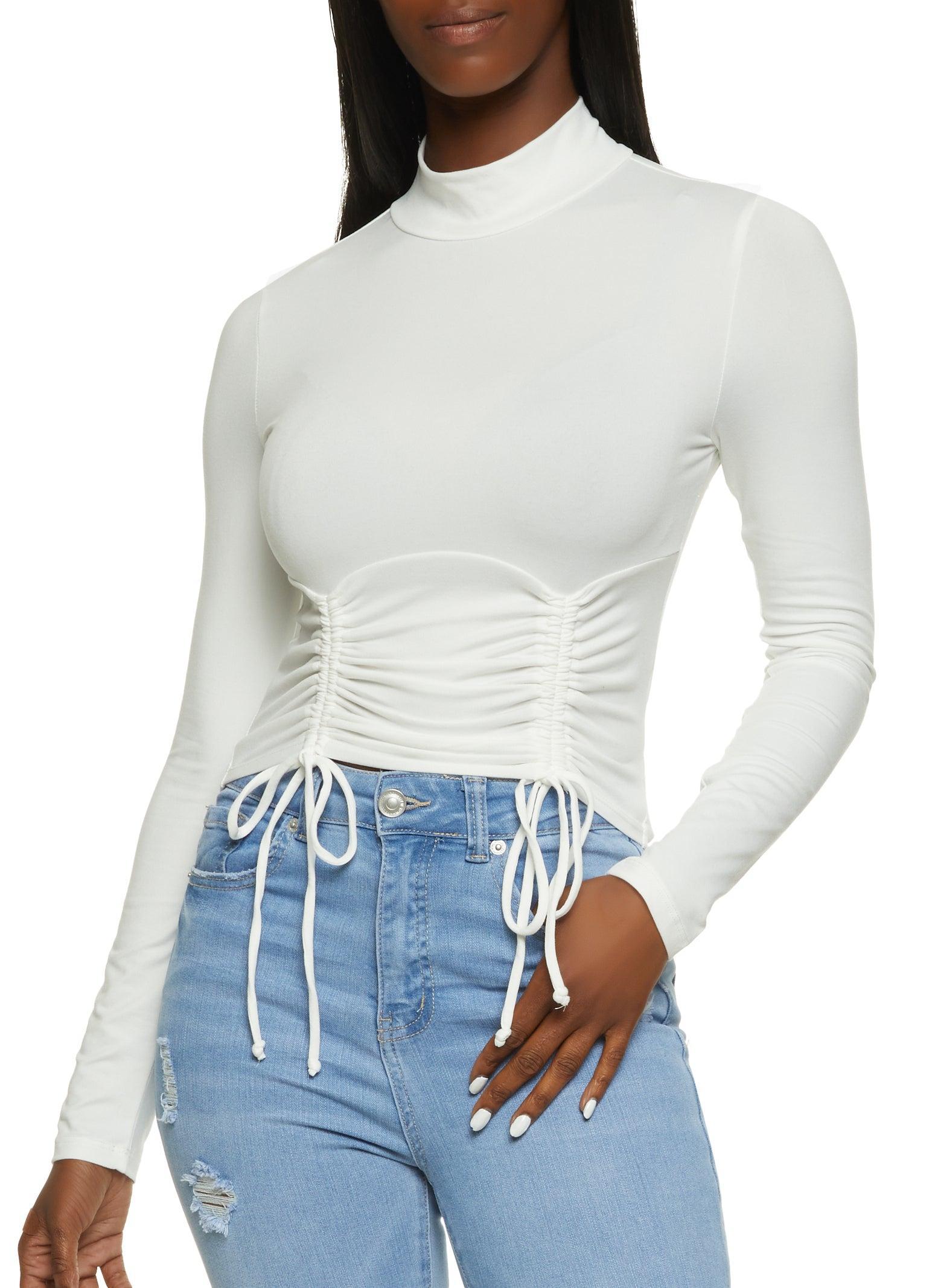 Womens Mock Neck Ruched Long Sleeve Crop Top Product Image