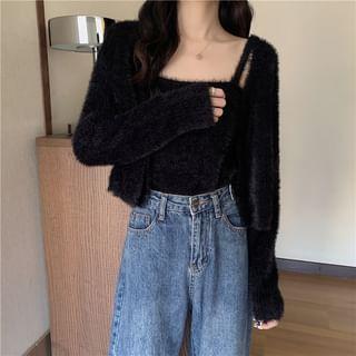 Set: Plain Fluffy Cardigan + Knit Camisole Top Product Image