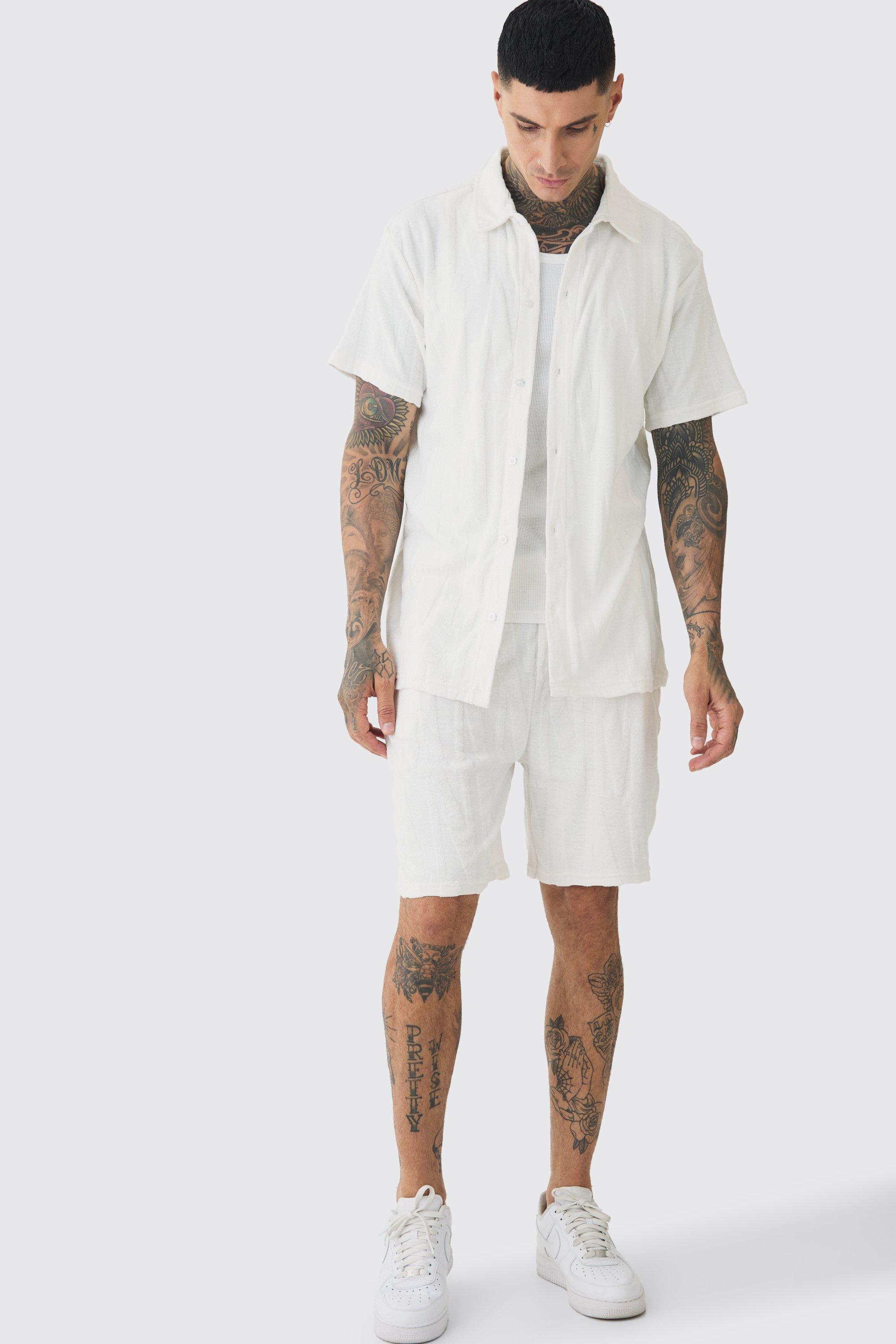 Tall Man Embossed Towelling Shirt & Short Set White | boohooMAN USA Product Image