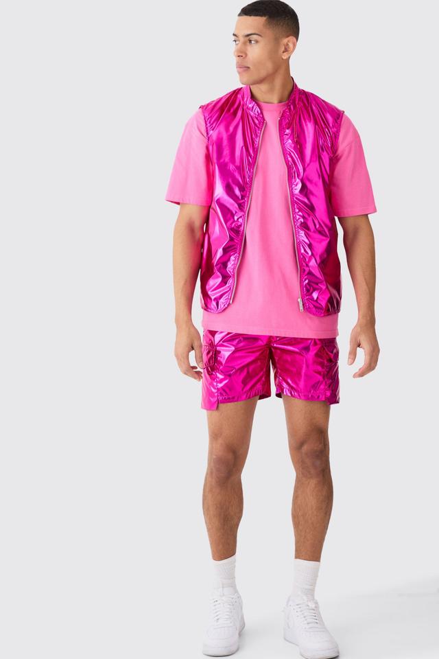 Mens Pink Metallic Vest And Cargo Short Set, Pink Product Image