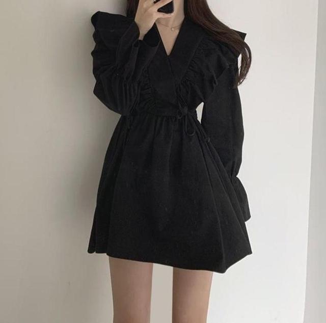 Puff-Sleeve V-Neck Plain Ruffle Mini A-Line Dress Product Image