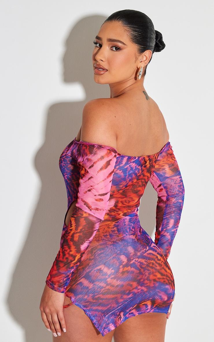 Shape Purple Printed Mesh Long Sleeve Bardot Cut Out Bodycon Dress Product Image