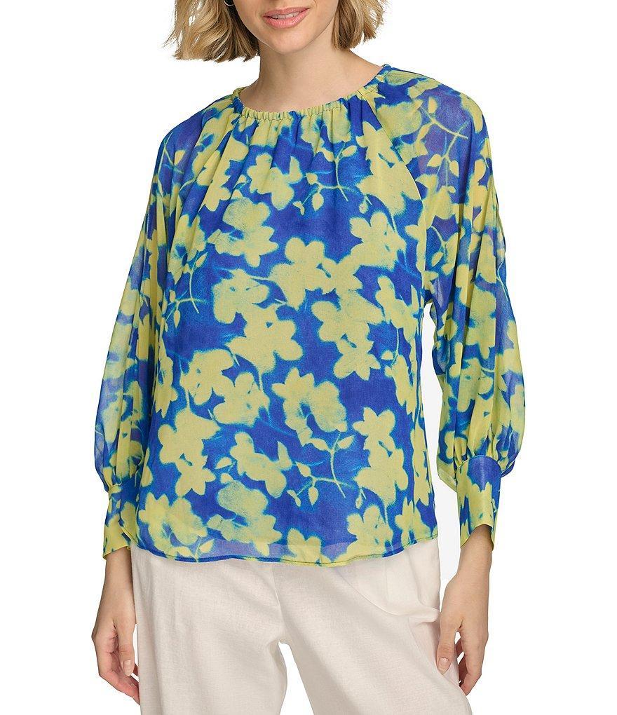 Calvin Klein Floral Printed Chiffon Cold Shoulder Crew Neck Long Sleeve Blouse Product Image