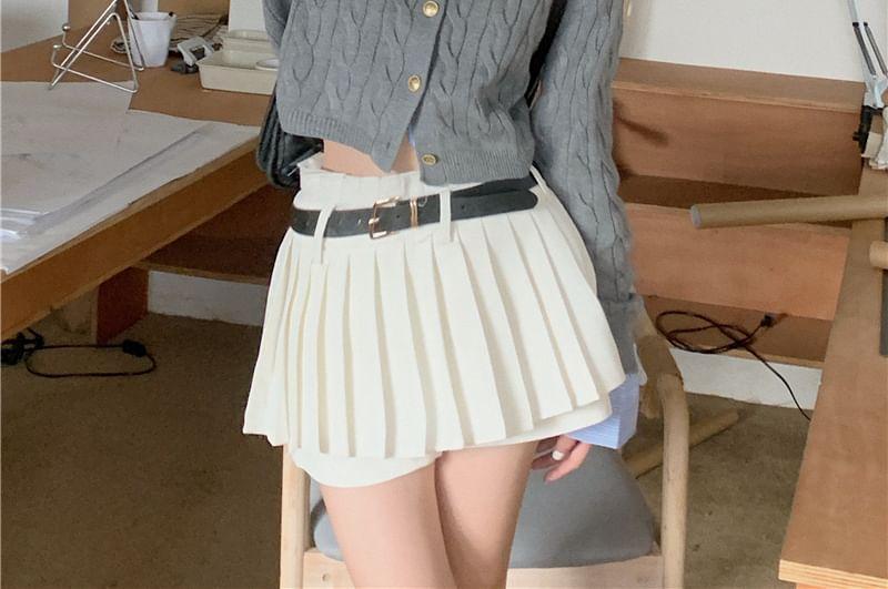 Collared Mock Two-Piece Striped Panel Cable Knit Button-Up Crop Cardigan Product Image