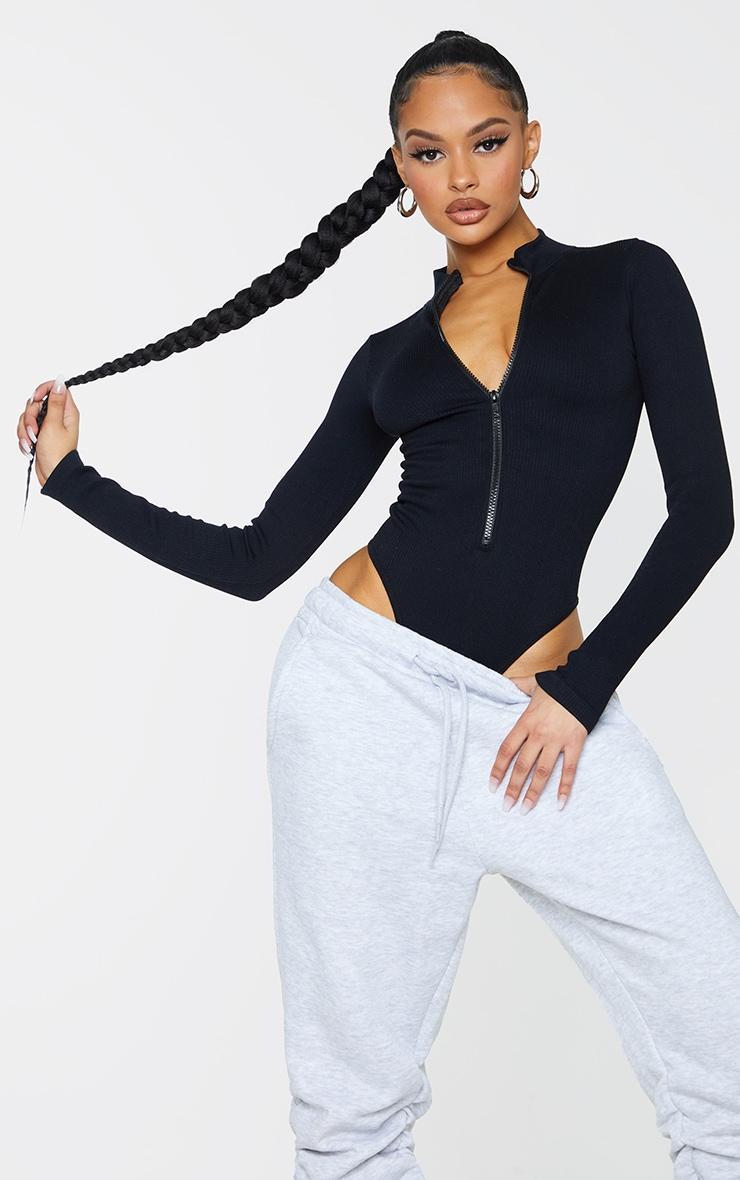 Black Snatched Rib Zip Up Long Sleeve Bodysuit Product Image