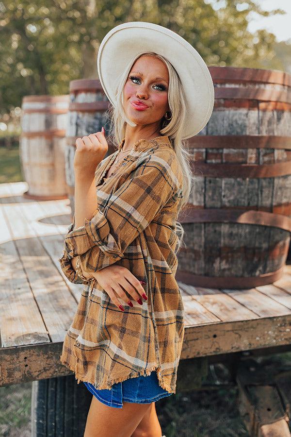 Hayride Happiness Vintage Wash Plaid Tunic in Camel Product Image