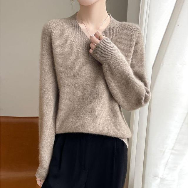 V-Neck Plain Ribbed Knitted Oversized Sweater Product Image