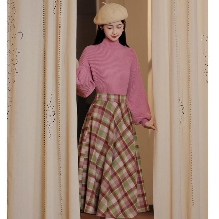 Set: Mock Neck Plain Sweater + High Rise Plaid Midi A-Line Skirt Product Image