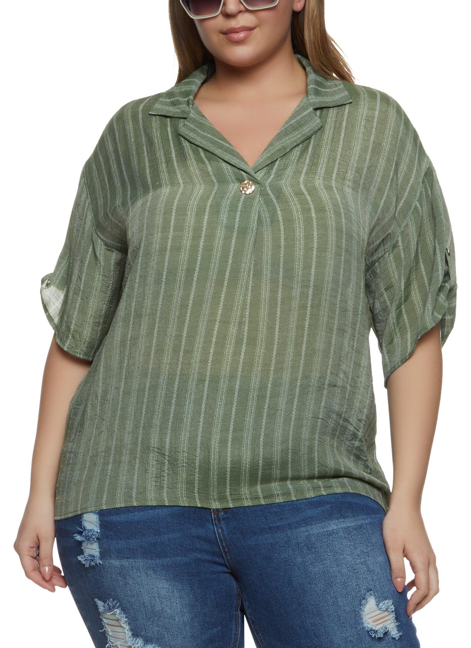 Womens Plus Size Striped Gauze Knit Tabbed Sleeve Shirt Product Image