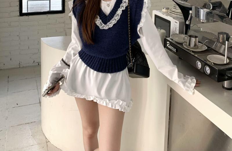 V-Neck Lace Trim Sweater Vest / Long-Sleeve Plain Frill Trim Long T-Shirt Product Image