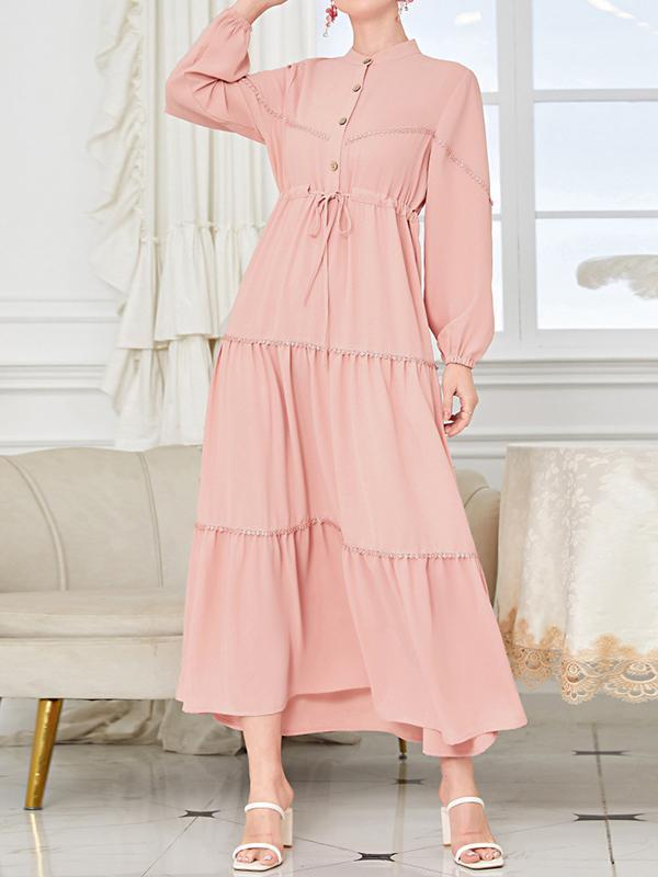 A-Line Bishop Sleeve Buttoned Drawstring Pleated Split-Joint Mock Neck Maxi Dresses Product Image