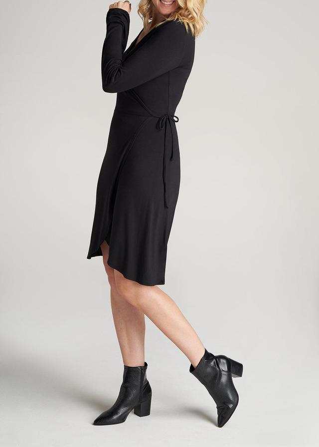 Long Sleeve Jersey Wrap Dress for Tall Women in Black Product Image