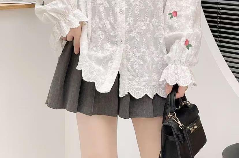 Long Sleeve Band Collar Flower Embroidered Blouse Product Image