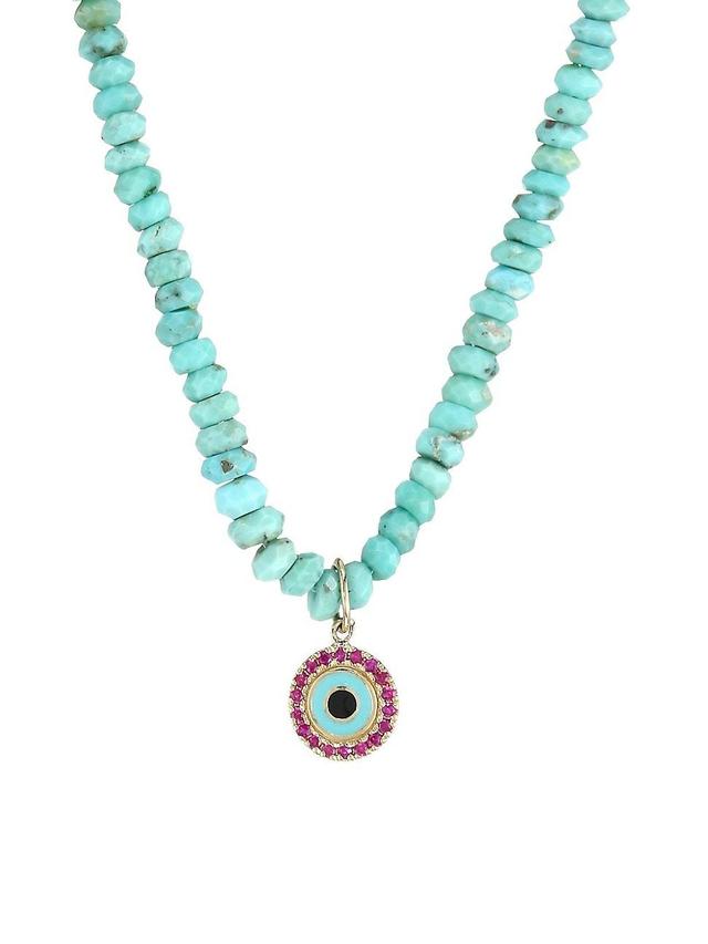 Womens Small Arizona Turquoise Bead, Ruby & Enamel Evil Eye Charm Necklace Product Image