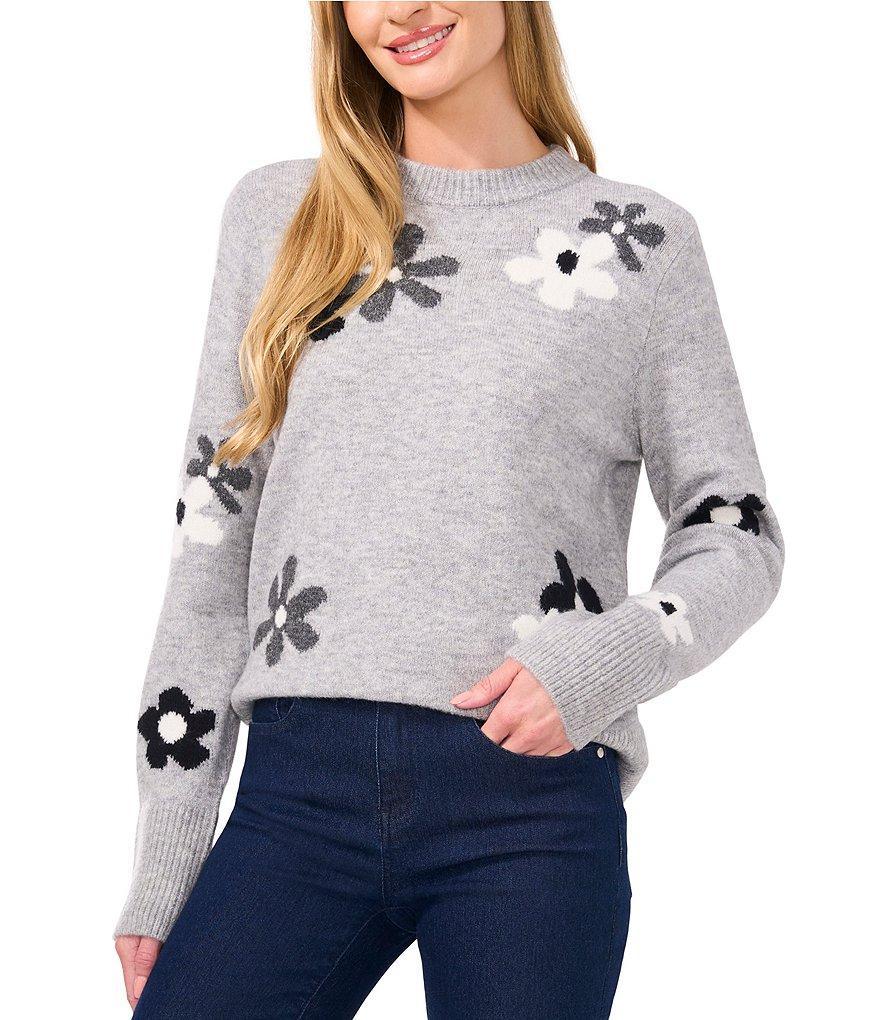 CeCe Long Sleeve Crew Neck Floral Intarsia Sweater Product Image