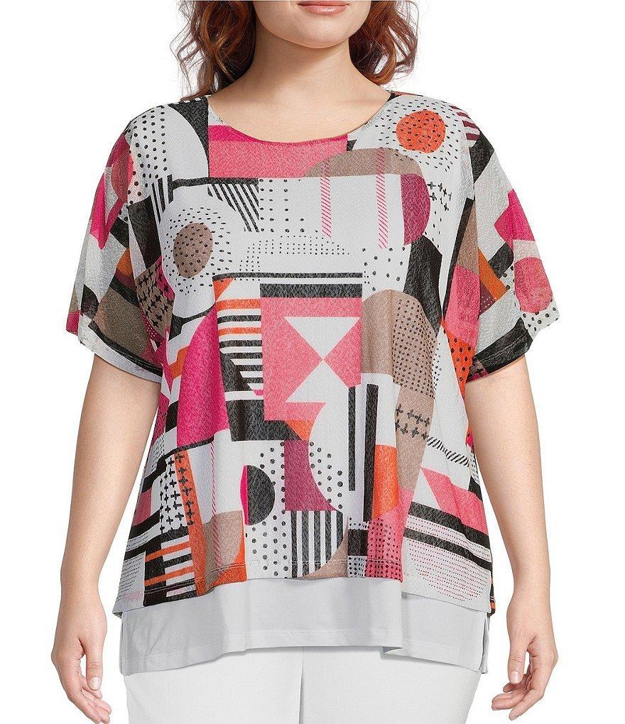 Multiples Plus Size Geometric Print Knit Scoop Neck Short Sleeve Top Product Image