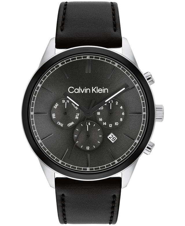 Calvin Klein Mens Multi-Function Black Leather Strap Watch 44mm - Black Product Image