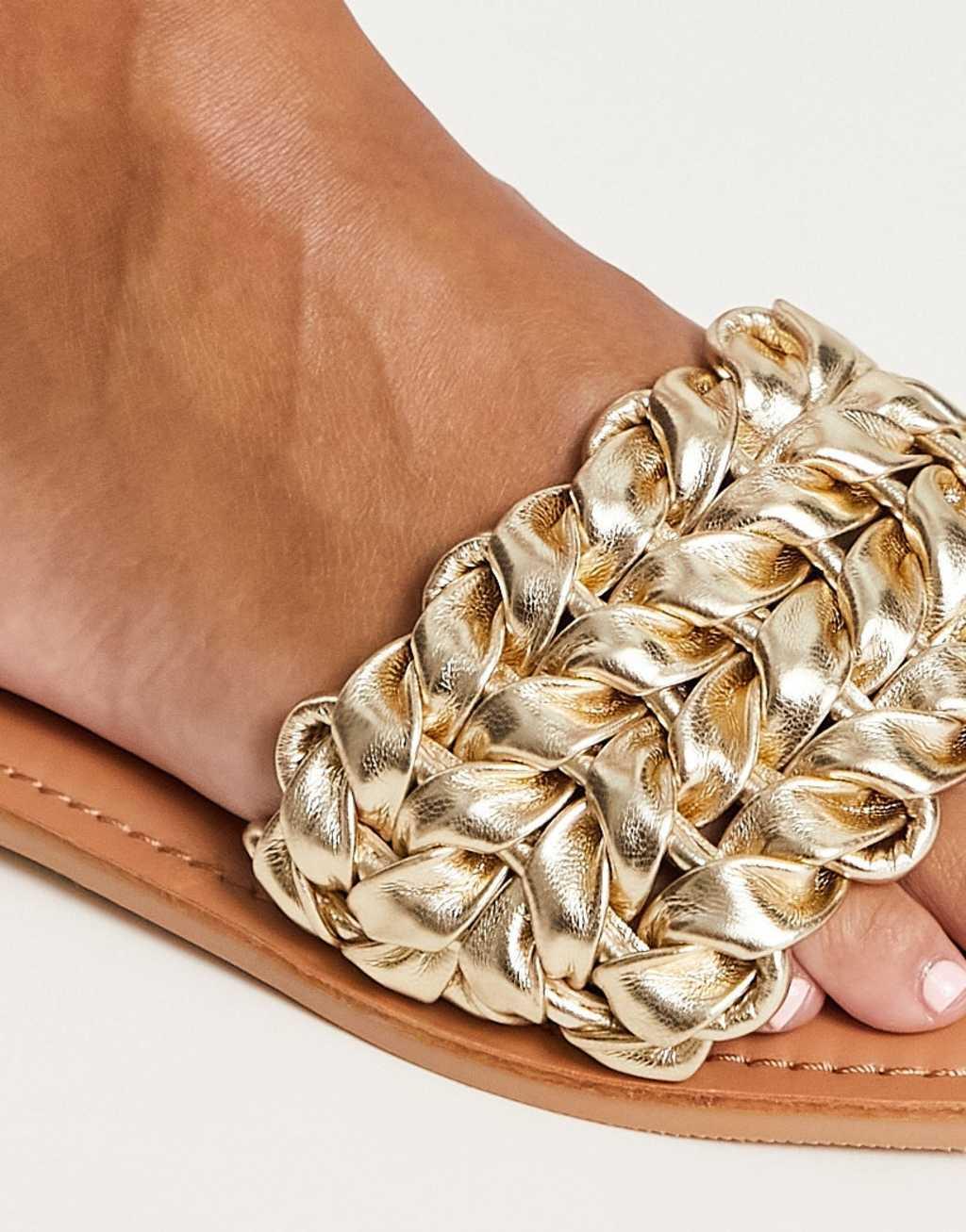 ASOS DESIGN Flora woven flat sandals in gold Product Image