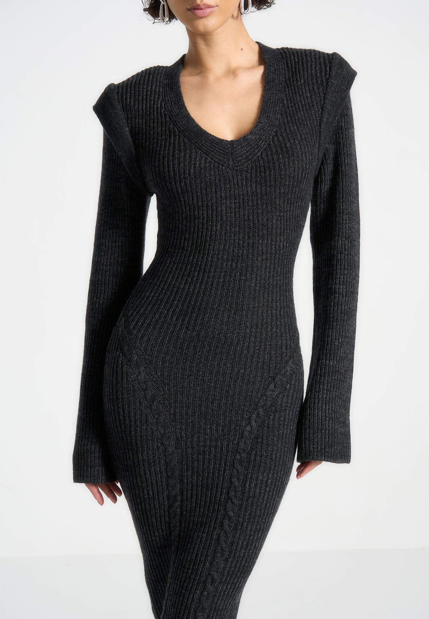 Wide Shoulder Knitted Midaxi Dress - Black Female Product Image