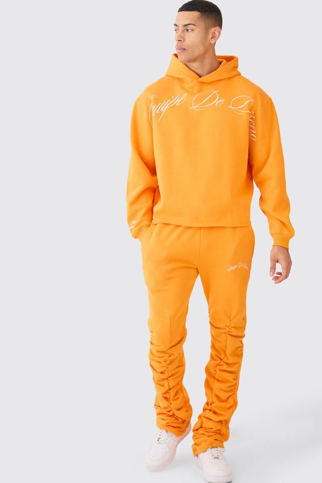 Mens Orange Oversized Boxy Embroided Stacked Tracksuit, Orange Product Image