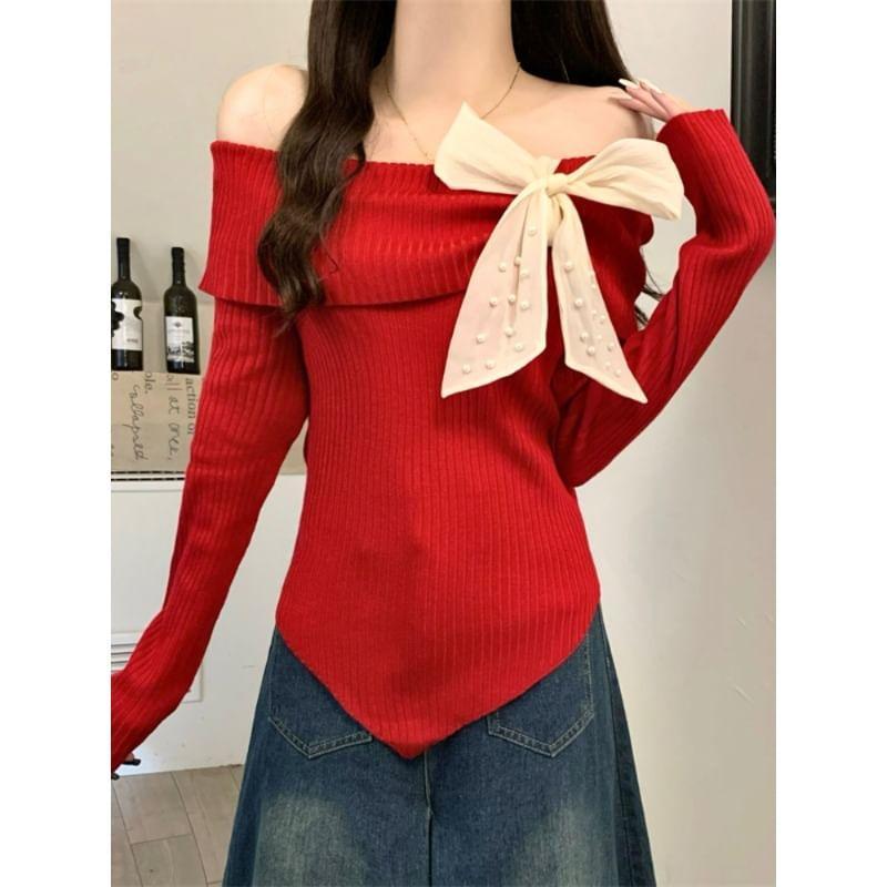 Long-Sleeve Off Shoulder Bow Accent Plain Knit Top Product Image