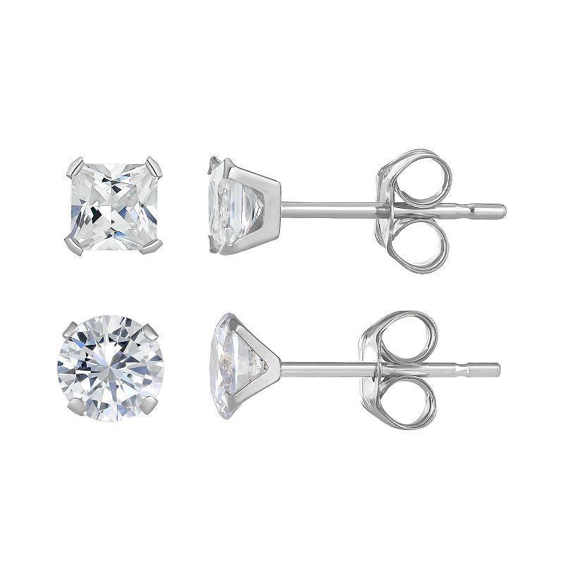 Taylor Grace 10k Gold 4 mm Square & 5 mm Round Cubic Zirconia Earring Set, Womens, 10k White Gold Product Image