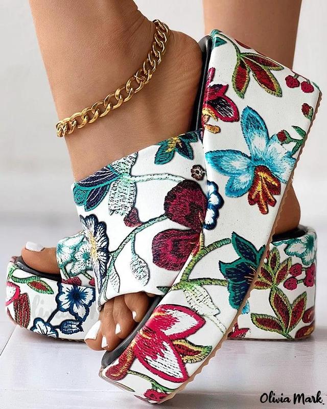 Olivia Mark – Exquisite Wide Strap Wedge Slippers with Artful Floral Embroidery Product Image