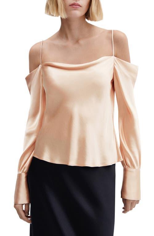 MANGO Drape Neck Cold Shoulder Satin Top Product Image