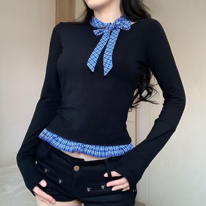 Long Sleeve Round Neck Plaid Ruffle Hem Top Product Image