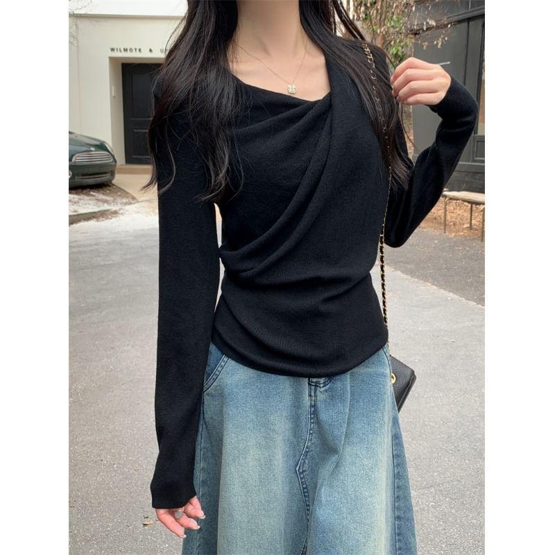 Long Sleeve Asymmetrical Neck Plain Ruched Knit Top Product Image