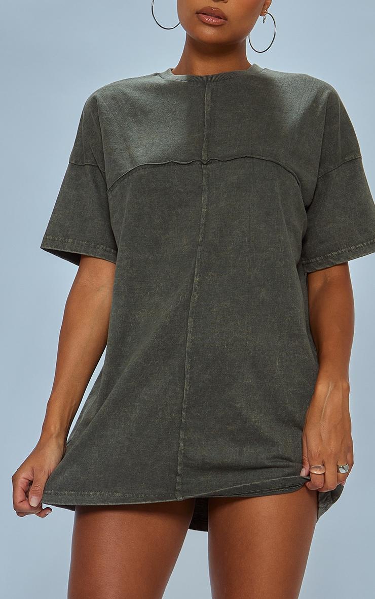 Khaki Acid Wash Long Sleeve Exposed Seam T Shirt Dress Product Image