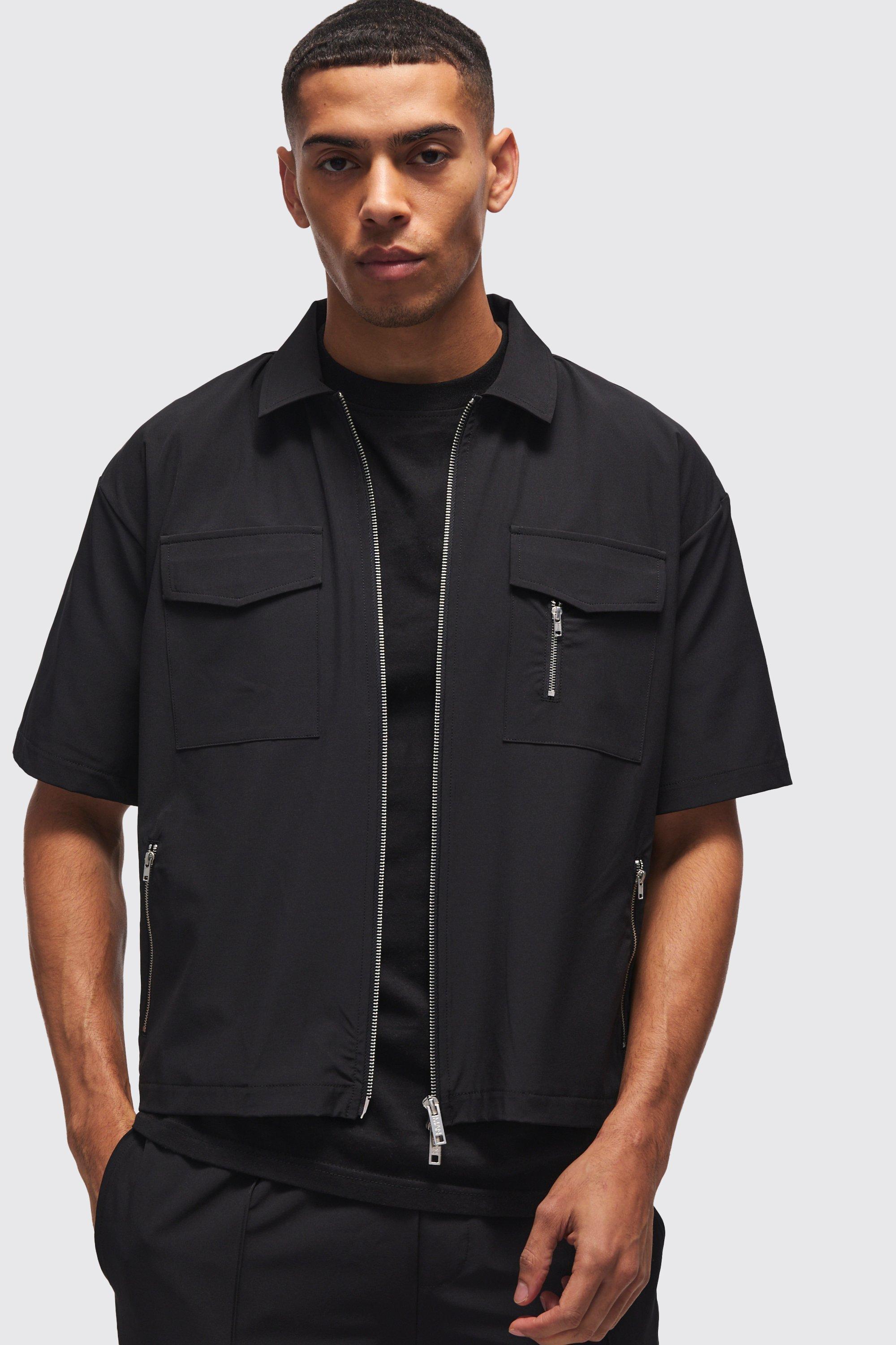 Technical Stretch Oversized Boxy Zip Through Pocket Detail Shirt | boohooMAN USA Product Image