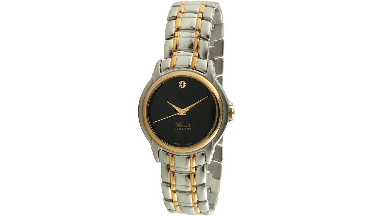 Swiss Edition Mens Two-Tone Bracelet Dress Watch with Gold Plated Bezel and Black Dial Product Image