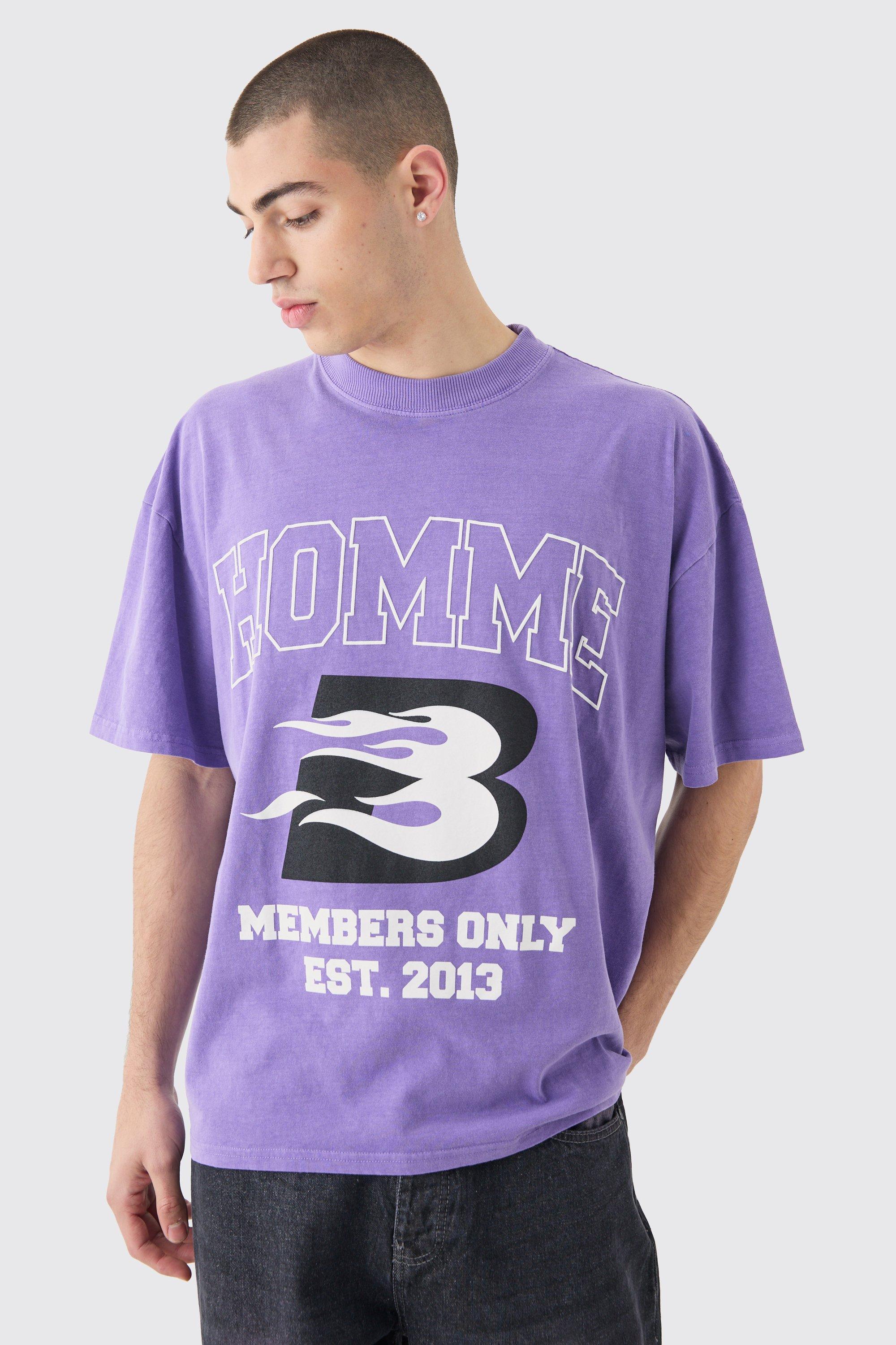 Mens Purple Oversized Washed Homme Moto Print T-shirt, Purple Product Image