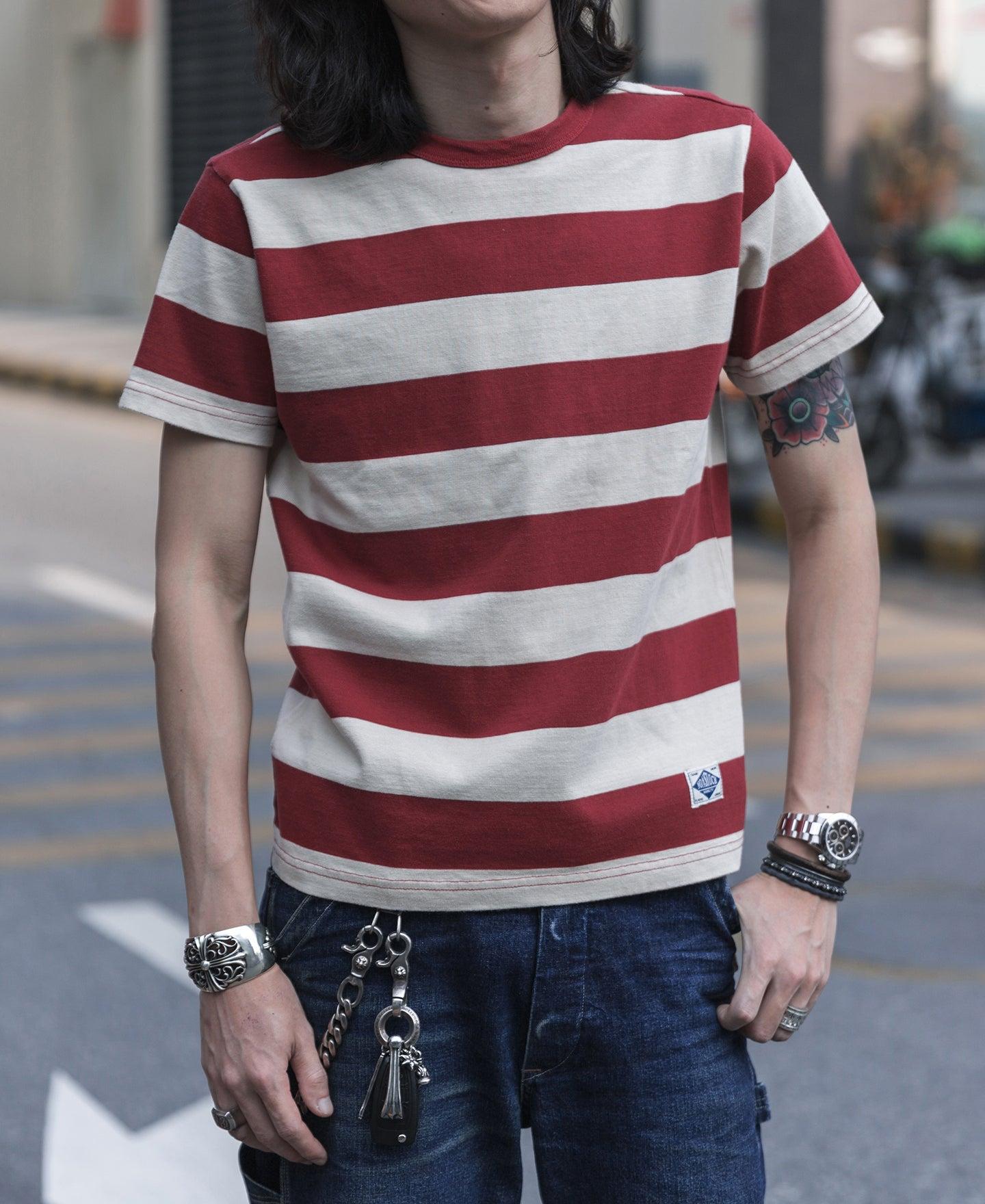 Heavyweight Cotton Wide Striped T-Shirt - Red/Apricot Product Image